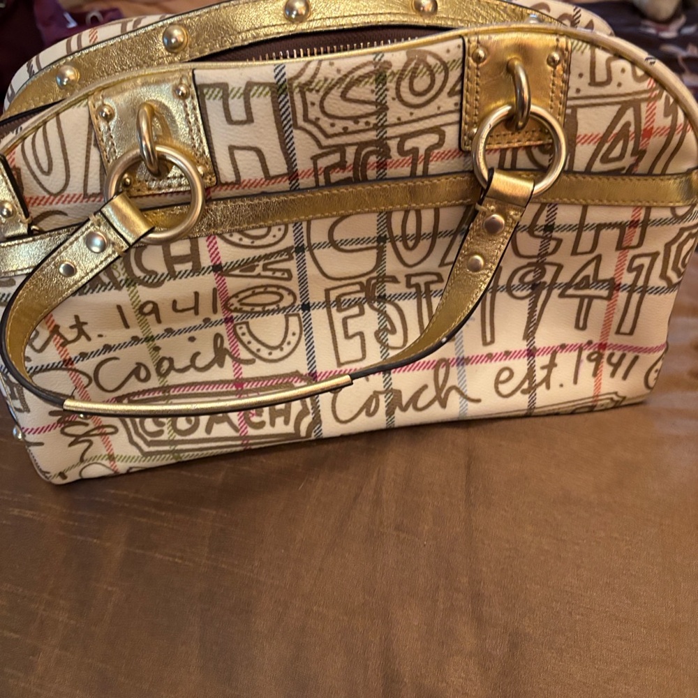 RARE Authentic Coach gold tattersall satchel EUC